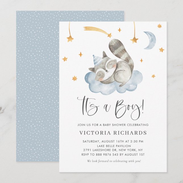 Cute Sleeping Racoon Blue It's a Boy Baby Shower Invitation (Front/Back)