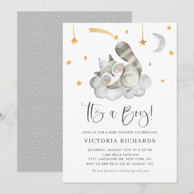 Cute Sleeping Racoon Grey It's a Boy Baby Shower Invitation (Front/Back)