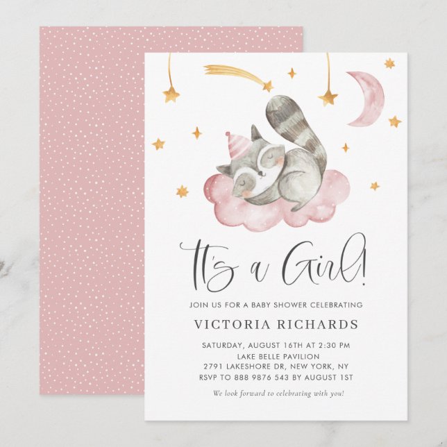Cute Sleeping Racoon Pink It's a Girl Baby Shower Invitation (Front/Back)