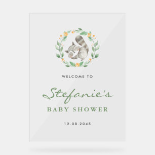 Cute Sleeping Racoon Wreath Baby Shower Welcome Acrylic Sign