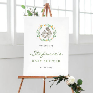 Cute Sleeping Racoon Wreath Baby Shower Welcome Poster