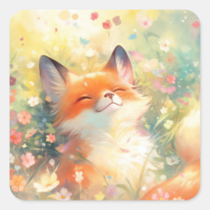 Cute Sleeping Red Fox in Colourful Wildflower Square Sticker