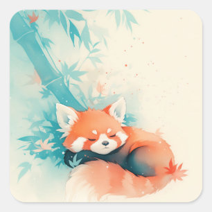 Cute Sleeping Red Panda with Autumn Leaves Square Sticker