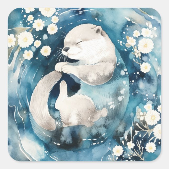 Cute Sleeping Sea Otter Curled in Deep Water Square Sticker (Front)