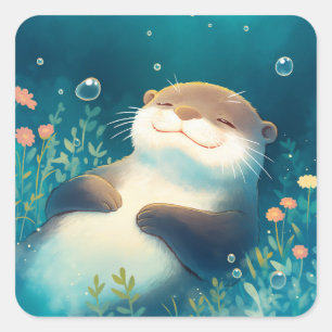 Cute Sleeping Sea Otter Underwater with Bubbles Square Sticker
