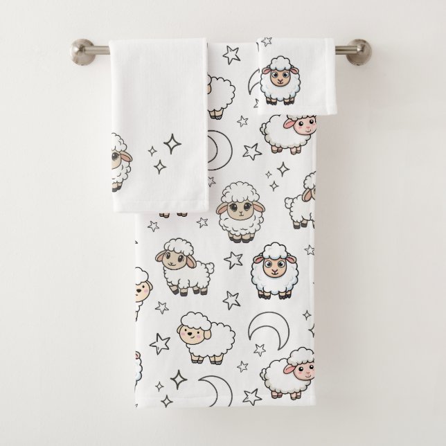 Cute Sleeping Sheep and Moon with Stars Bath Towel Set (Insitu)