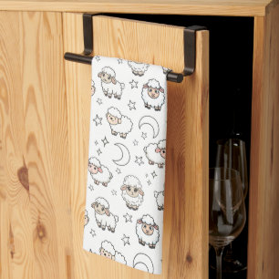 Cute Sleeping Sheep and Moon with Stars Tea Towel