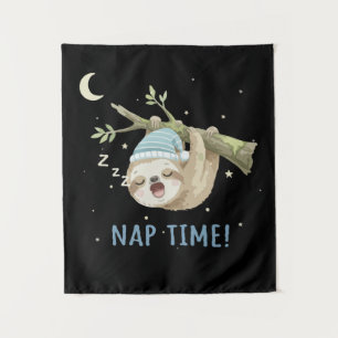 Cute Sleeping Sloth "Nap Time!" Cartoon Tapestry