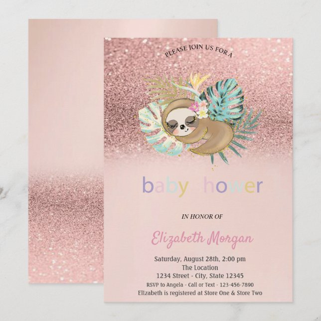 Cute Sleeping Sloth Rose Gold Bokeh Baby Shower  Invitation (Front/Back)