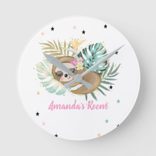 Cute Sleeping Sloth,Stars,Princess  Round Clock