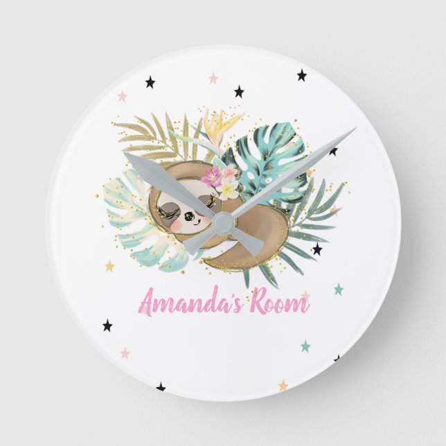 Cute Sleeping Sloth,Stars,Princess  Round Clock (Front)