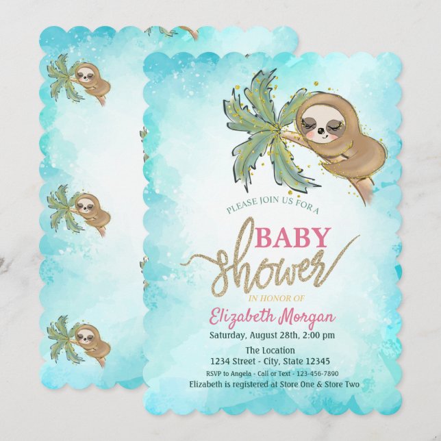 Cute Sleeping Sloth Tropical Baby Shower Invitation (Front/Back)