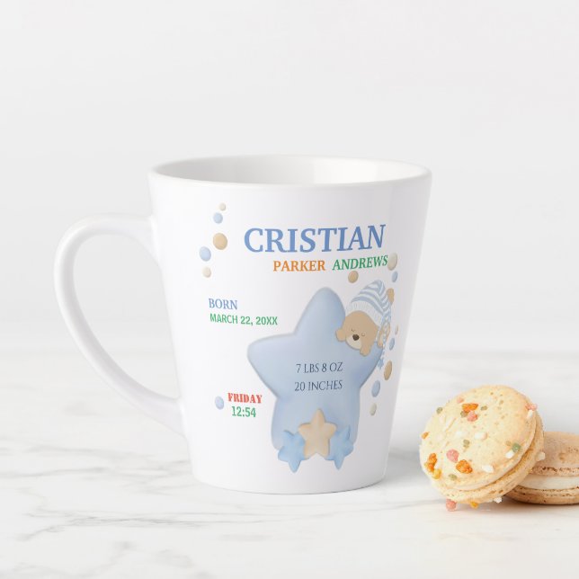 Cute Sleeping Teddy Bear Baby Boy Birth Stats Latte Mug (In Situ)