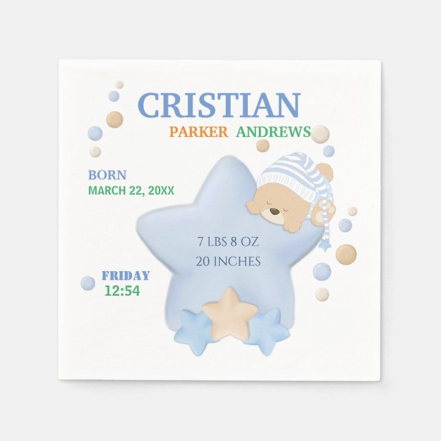 Cute Sleeping Teddy Bear Baby Boy Birth Stats Napkin (Front)