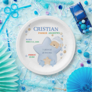 Cute Sleeping Teddy Bear Baby Boy Birth Stats Pape Paper Plate
