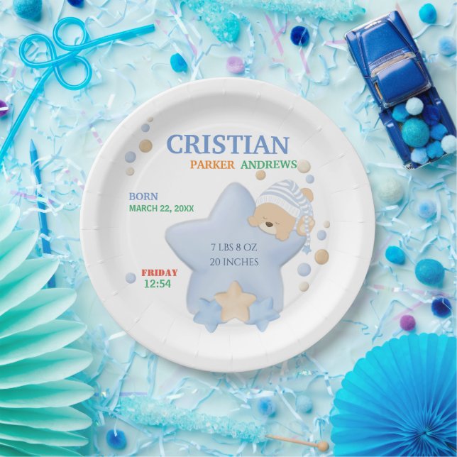 Cute Sleeping Teddy Bear Baby Boy Birth Stats Pape Paper Plate (Party)