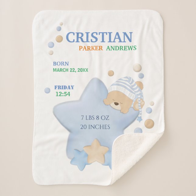 Cute Sleeping Teddy Bear Baby Boy Birth Stats Sher Sherpa Blanket (Front)