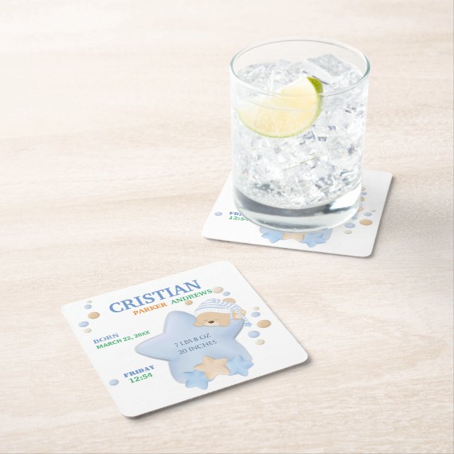 Cute Sleeping Teddy Bear Baby Boy Birth Stats Square Paper Coaster (Insitu)