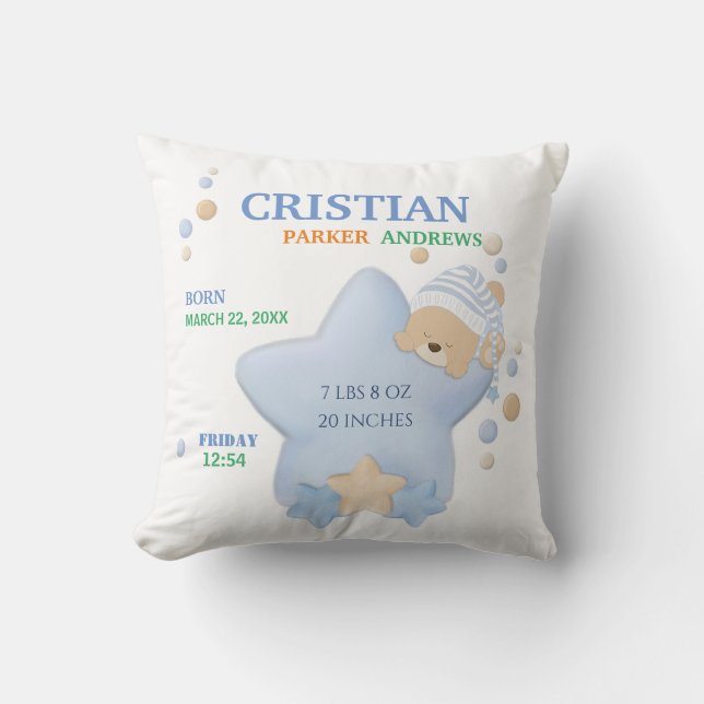 Cute Sleeping Teddy Bear Baby Boy Birth Stats Thro Cushion (Front)