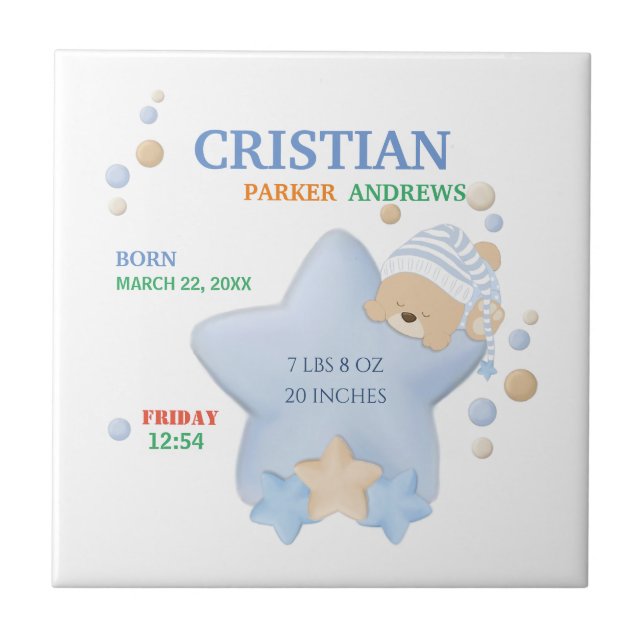 Cute Sleeping Teddy Bear Baby Boy Birth Stats Tile (Front)