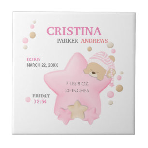 Cute Sleeping Teddy Bear Baby Girl Birth Stats Cer Tile