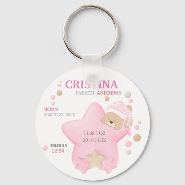 Cute Sleeping Teddy Bear Baby Girl Birth Stats Key Ring (Front)