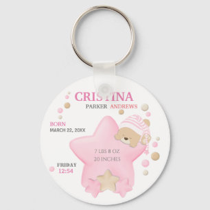 Cute Sleeping Teddy Bear Baby Girl Birth Stats Key Ring