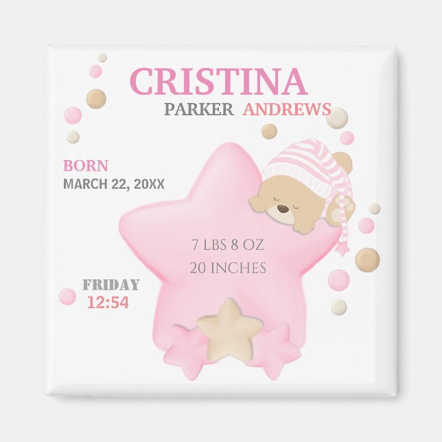 Cute Sleeping Teddy Bear Baby Girl Birth Stats Mag Magnet (Front)