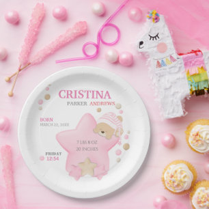 Cute Sleeping Teddy Bear Baby Girl Birth Stats Pap Paper Plate