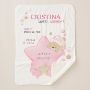 Cute Sleeping Teddy Bear Baby Girl Birth Stats She Sherpa Blanket