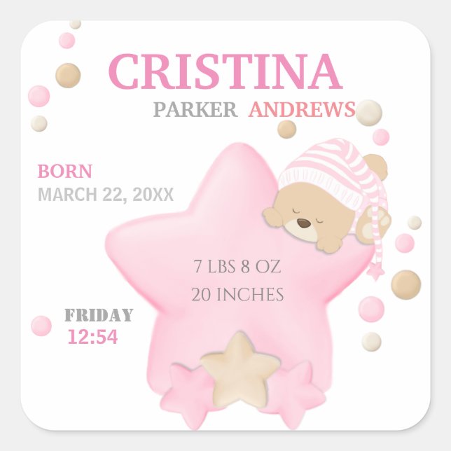 Cute Sleeping Teddy Bear Baby Girl Birth Stats Squ Square Sticker (Front)