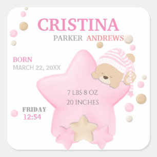 Cute Sleeping Teddy Bear Baby Girl Birth Stats Squ Square Sticker