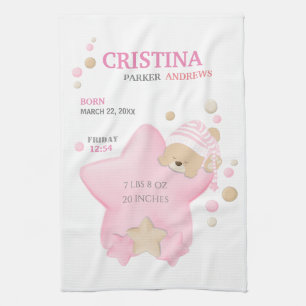 Cute Sleeping Teddy Bear Baby Girl Birth Stats Tea Towel