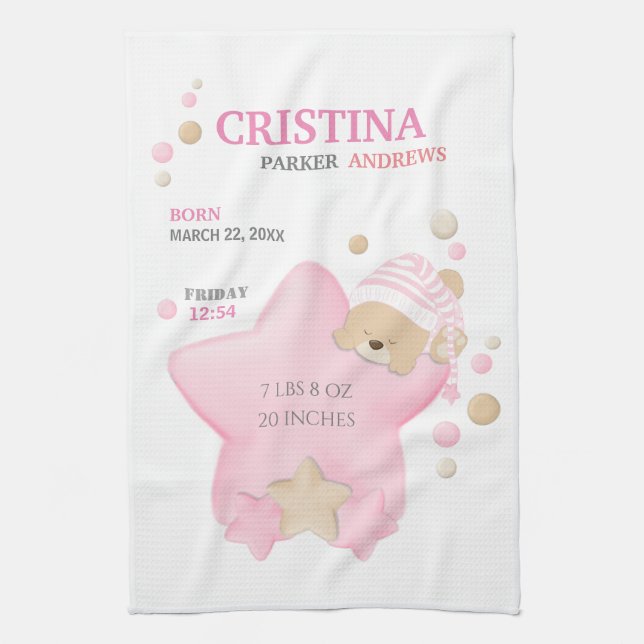 Cute Sleeping Teddy Bear Baby Girl Birth Stats Tea Towel (Vertical)