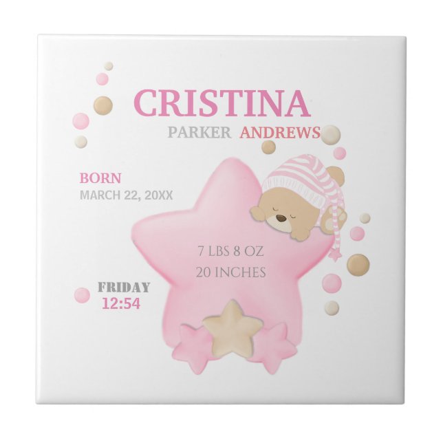Cute Sleeping Teddy Bear Baby Girl Birth Stats Tile (Front)