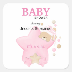 Cute Sleeping Teddy Bear Baby Girl Shower Square S Square Sticker