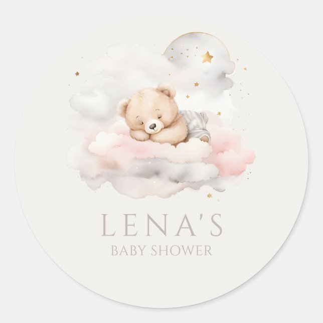 Cute Sleeping Teddy Bear Baby Shower Classic Round Sticker (Front)