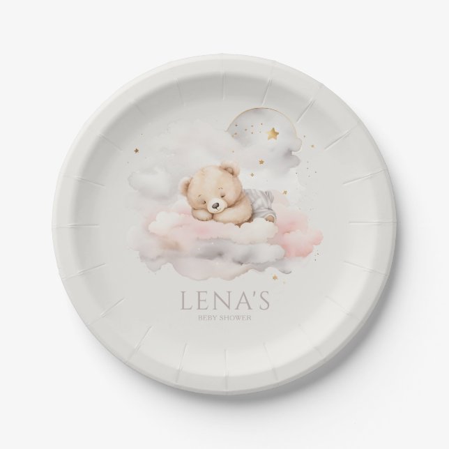 Cute Sleeping Teddy Bear Baby Shower Paper Plate (Front)