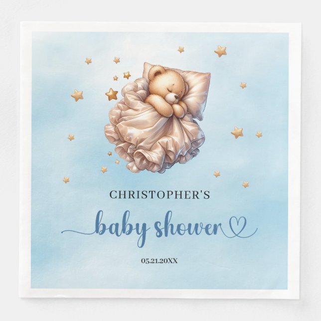 Cute sleeping teddy bear blue and gold boy napkin (Front)
