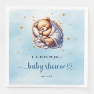 Cute sleeping teddy bear boy baby shower napkin