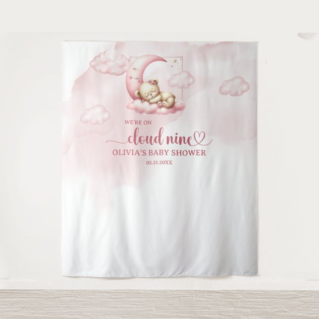 Cute sleeping teddy bear cloud nine pink girl tapestry (Front)