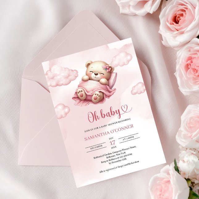 Cute sleeping teddy bear in pink sky and clouds invitation (Cute sleeping teddy bear in pink sky and clouds invitation)