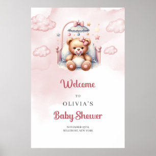 Cute sleeping teddy bear over the cloud welcome poster