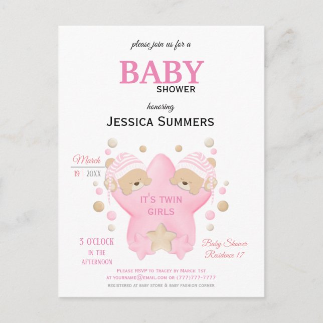 Cute Sleeping Teddy Bear Twin Baby Girls Shower In Invitation Postcard (Front)
