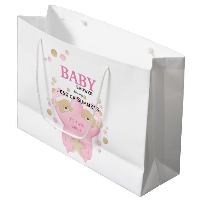 Cute Sleeping Teddy Bear Twin Baby Girls Shower La Large Gift Bag (Front Angled)