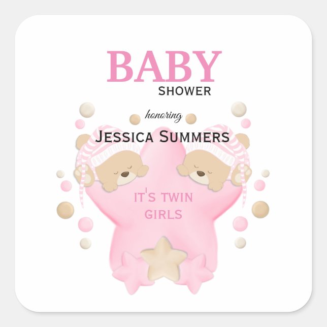 Cute Sleeping Teddy Bear Twin Baby Girls Shower Sq Square Sticker (Front)
