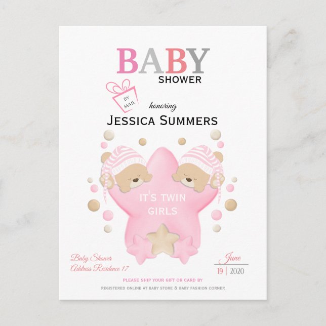 Cute Sleeping Teddy Bear Twin Girls Shower By Mail Invitation Postcard (Front)