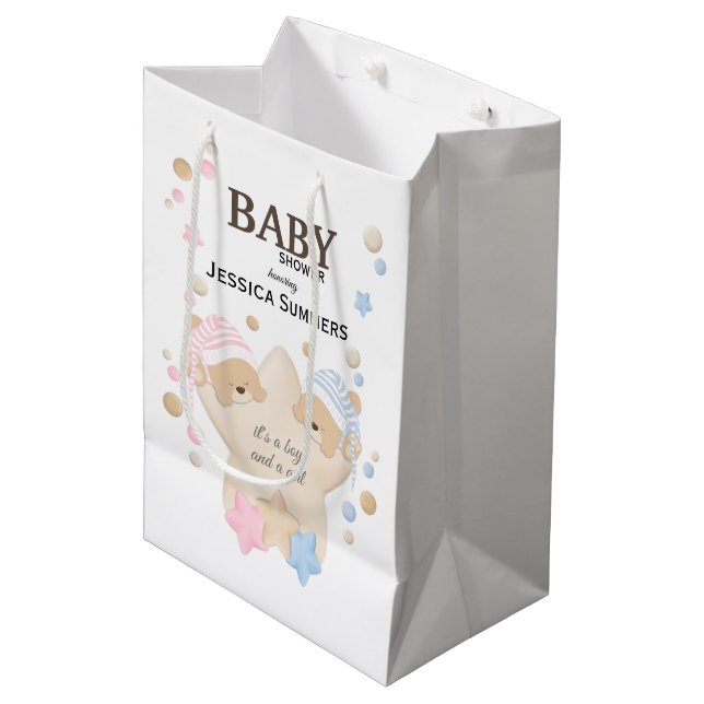 Cute Sleeping Teddy Bear Twins Baby Shower Medium  Medium Gift Bag (Front Angled)