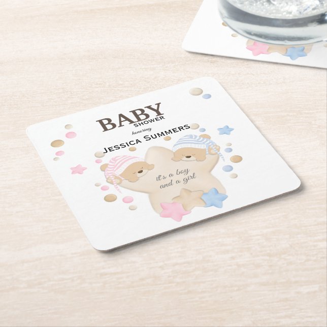 Cute Sleeping Teddy Bear Twins Baby Shower Square  Square Paper Coaster (Angled)