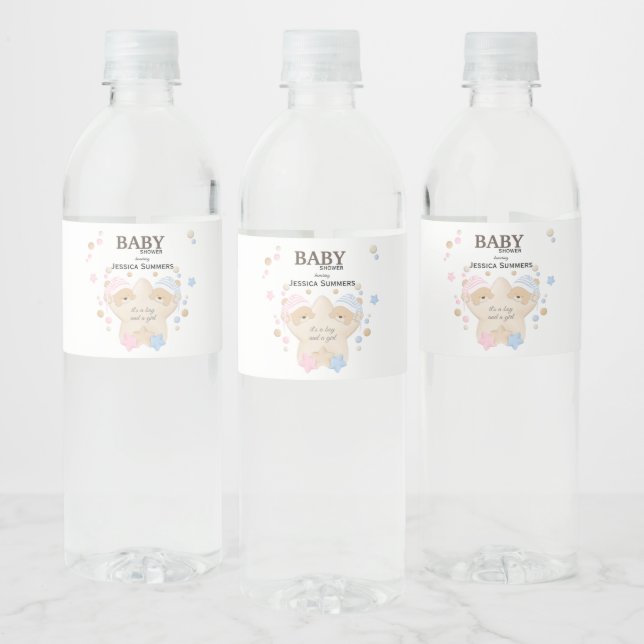 Cute Sleeping Teddy Bear Twins Baby Shower Water B Water Bottle Label (Bottles)